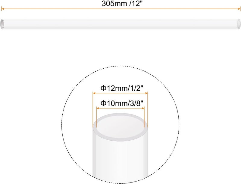 Rebower 12" Clear Plastic Rigid Pipe 10mm ID x 14mm OD (3/8" ID x 0.55" OD) Acrylic Round Polycarbonate Tubing, [for Plumbing, Hydraulics, Pneumatics, Aquarium] - Image 2